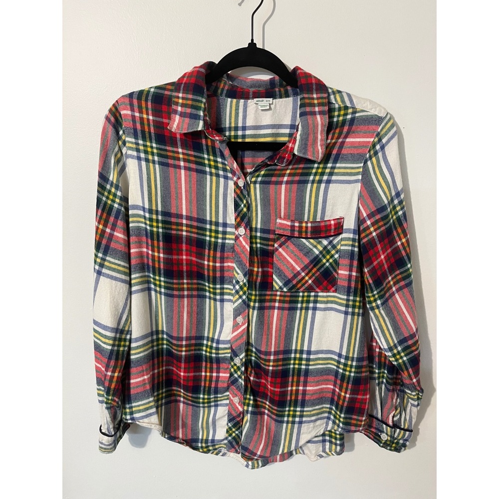 Aerie Womens Plaid Flannel Button Down Shirt Red Green Yellow XS Long Sleeve Top